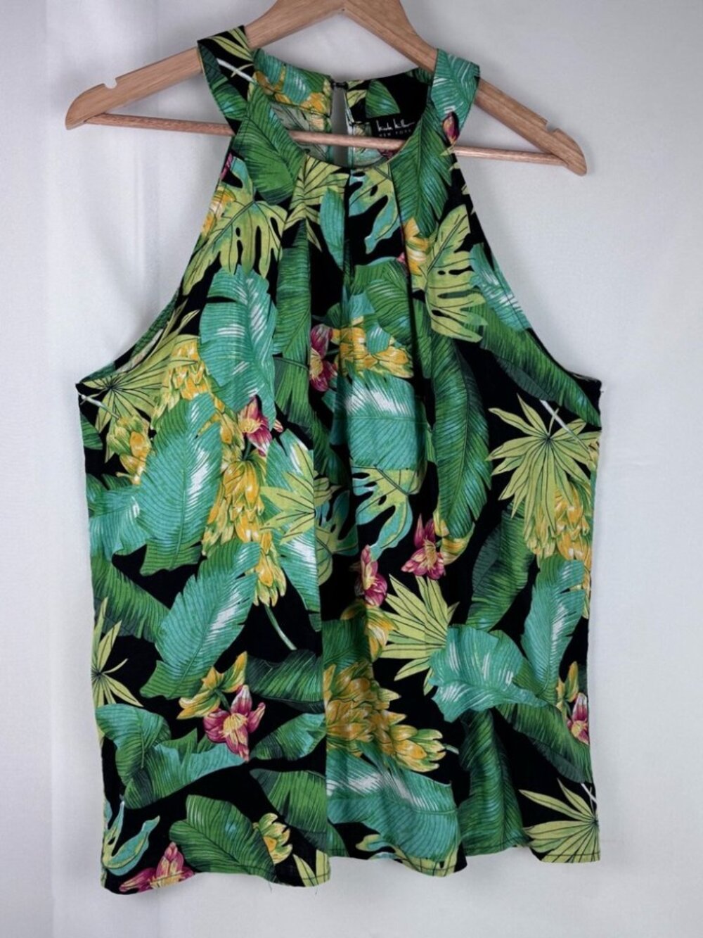 Nicole Miller Tropical Halter Top M Linen Blend Banana Leaf Floral Resort Wear - Picture 2 of 9